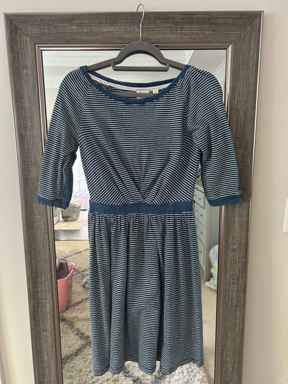 Anthropologie Navy and White Striped Fit-and-Flare Dress